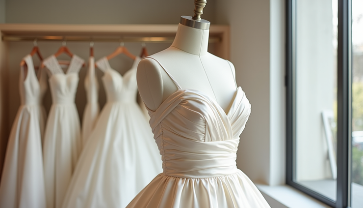Eye-level view of a satin wedding dress displayed on a mannequin in a bright Sydney bridal boutique