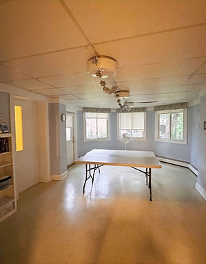 Bright, intimate meeting room featuring a single long folding table under track lighting, with windows providing natural light.