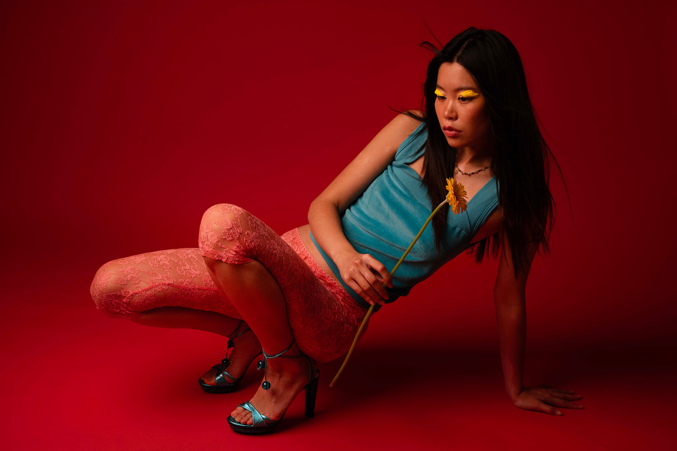 girl on red background 