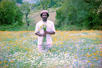 Hang Linton standing in a field of flowers holding a bouquet.