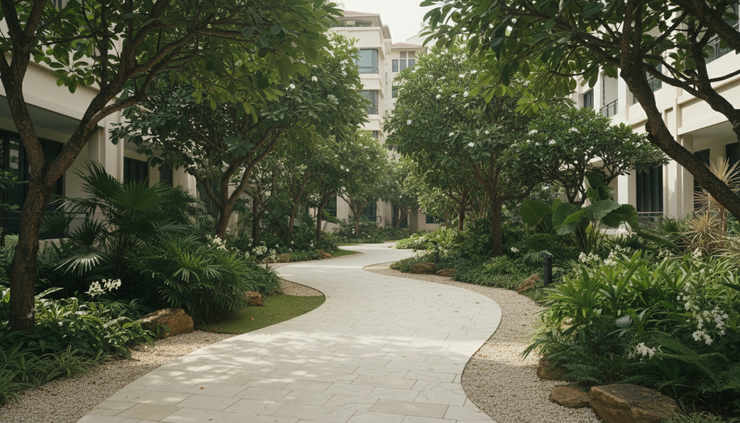 Eye-level view of a neat cream pathway shaded by freshly pruned green trees