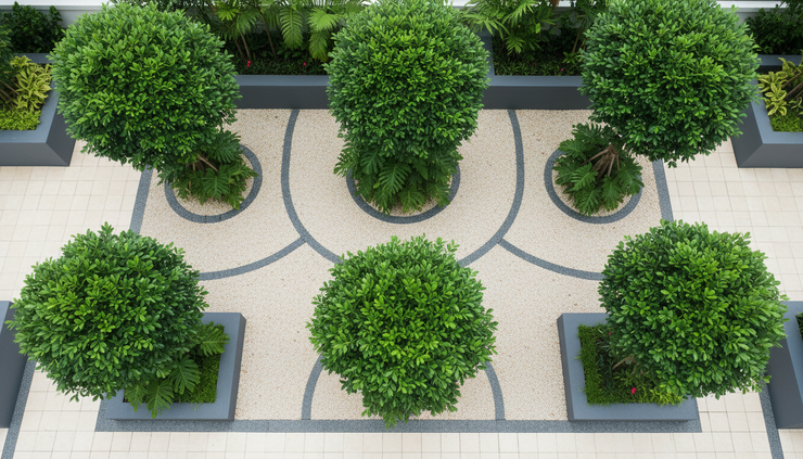 Top view of a cream garden bed with green trees after professional pruning