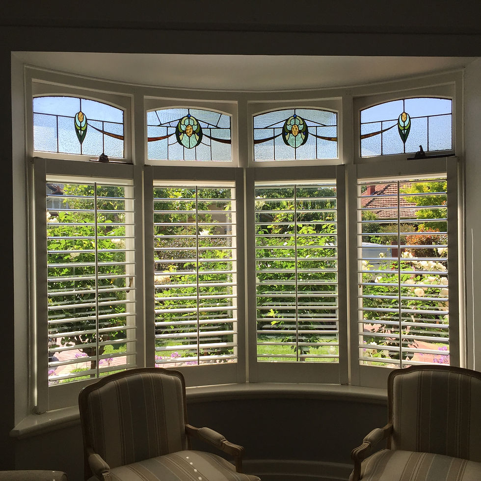 Lead light windows with plantation shutters