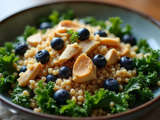 A Wholesome Blend: Discovering the Nutritional Harmony of Kale Salad with Pepitas, Quinoa, Chicken, and Blueberries