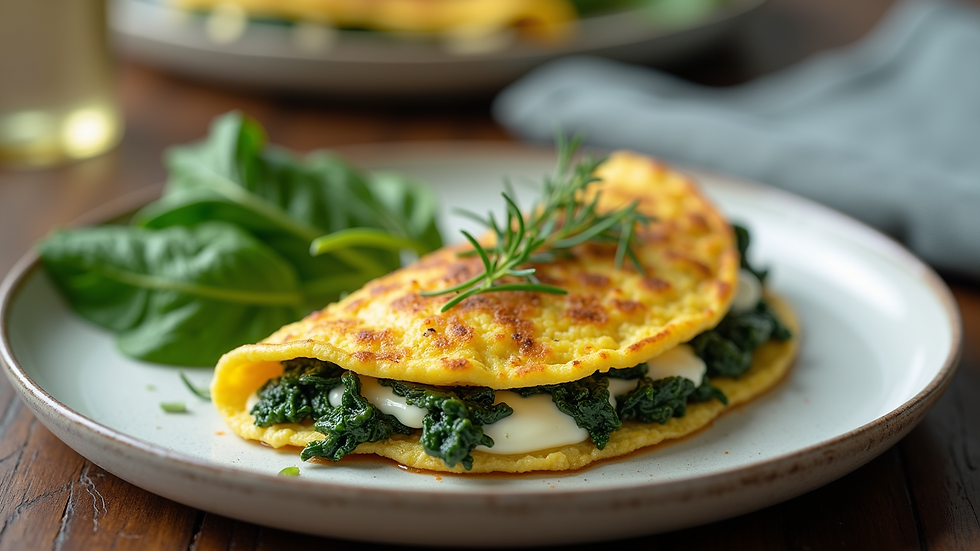 Eye-level view of a plate with a spinach and cottage cheese omelette