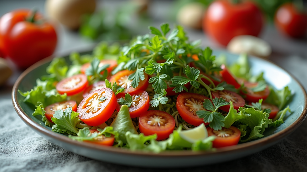Eye-level view of a vibrant salad with a mix of fresh ingredients