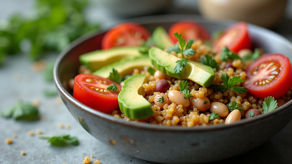 Close-up view of a colorful Quinoa Mexican Bowl filled with fresh ingredients