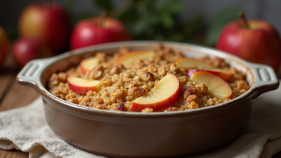 Close-up view of baked apple oatmeal breakfast bake with fresh apple slices