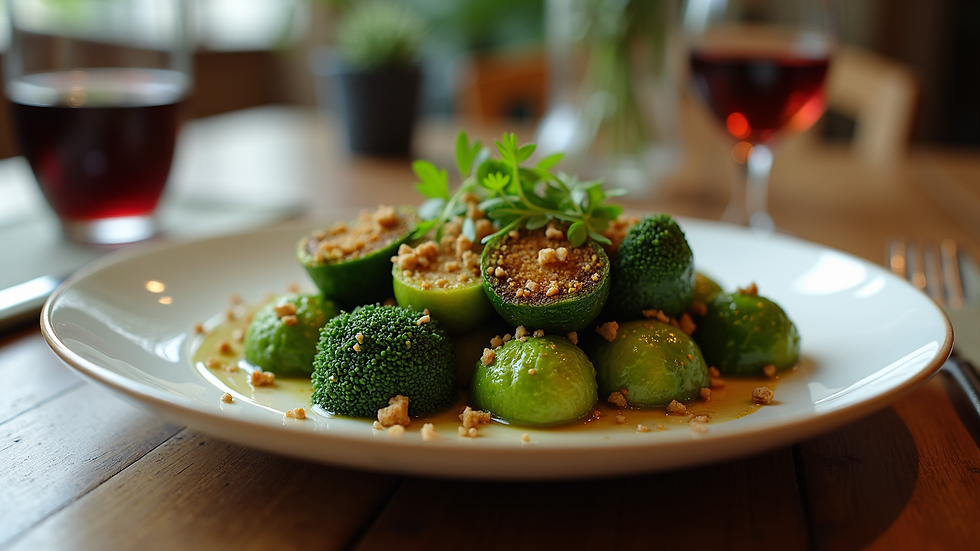 Eye-level view of a plate of Saluted Brussels served on a dining table