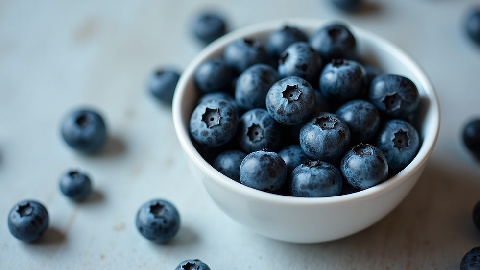 High angle view of fresh blueberries in a white bowl