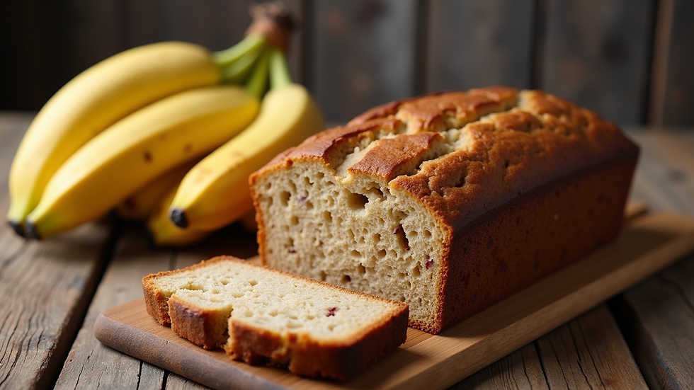 Close-up view of a freshly baked loaf of high protein banana bread
