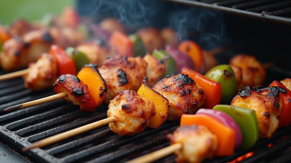 High angle view of colorful chicken kabobs on the grill