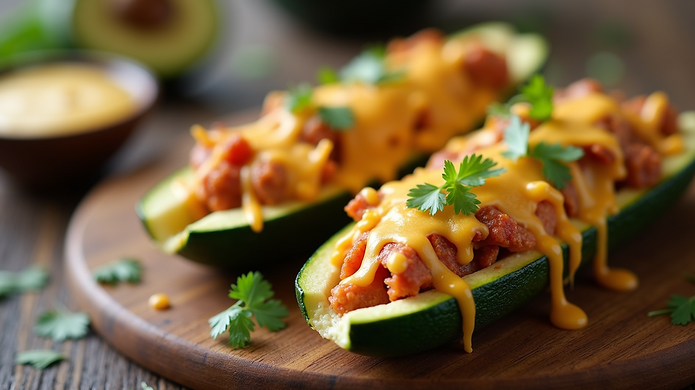 Close-up view of baked zucchini taco boats with melted cheese
