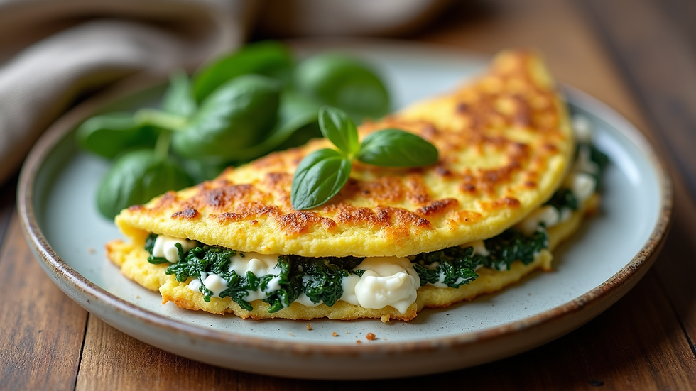 Close-up view of a delicious spinach and cottage cheese omelette