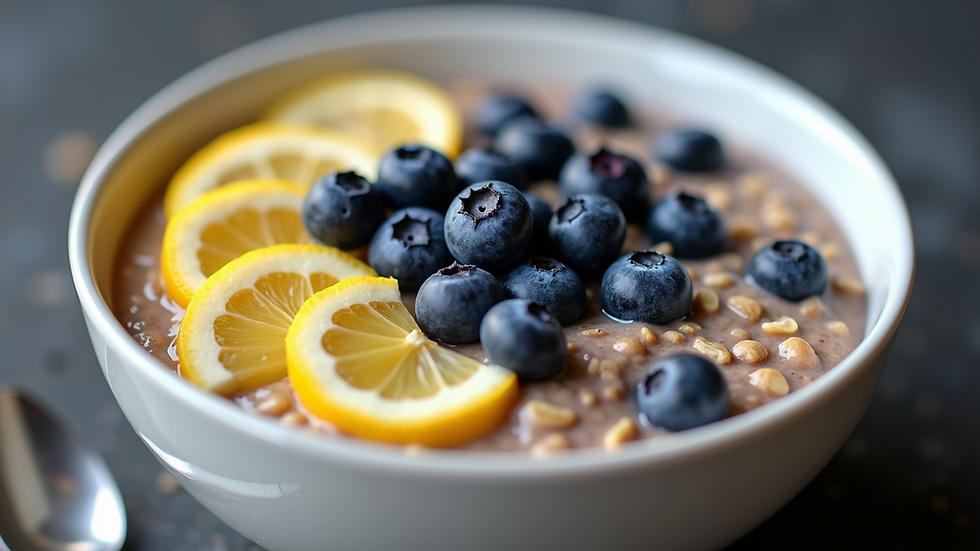 Close-up view of a bowl of blueberry lemon overnight oats