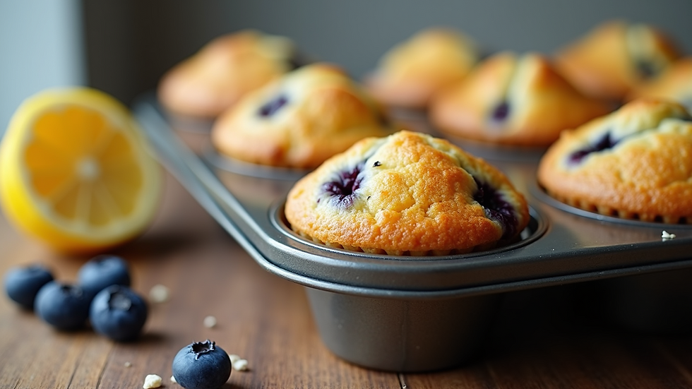 High angle view of a muffin tin filled with lemon blueberry muffins
