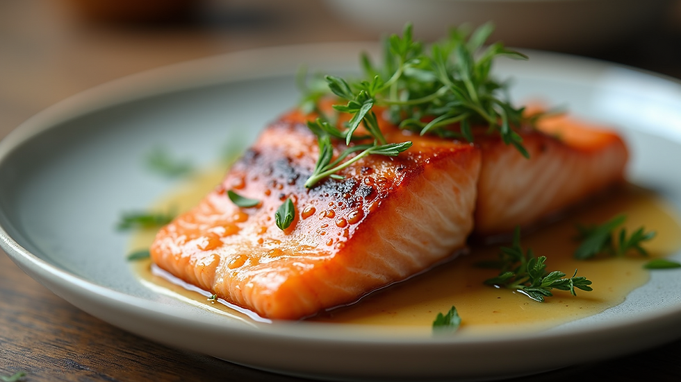 Close-up view of a beautifully glazed salmon fillet