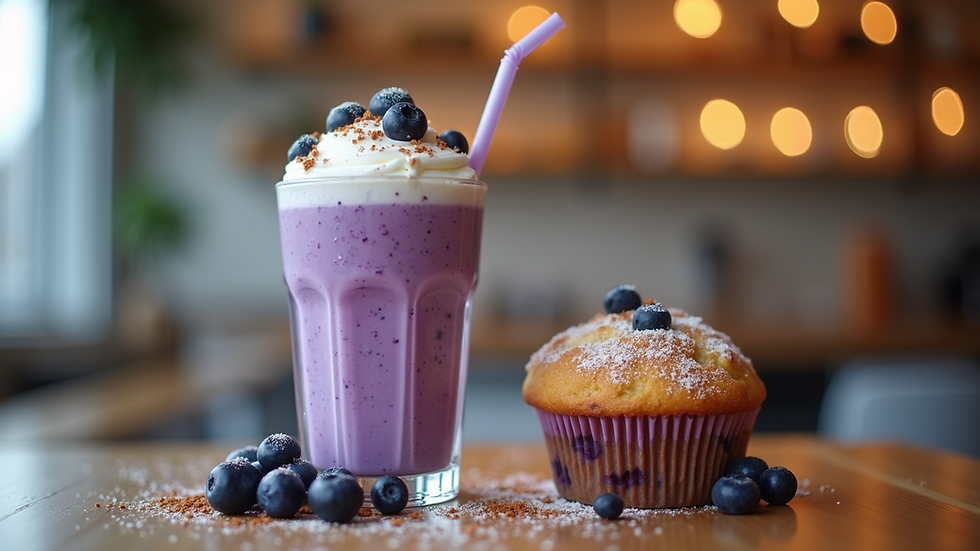 Eye-level view of a blueberry muffin shake with toppings