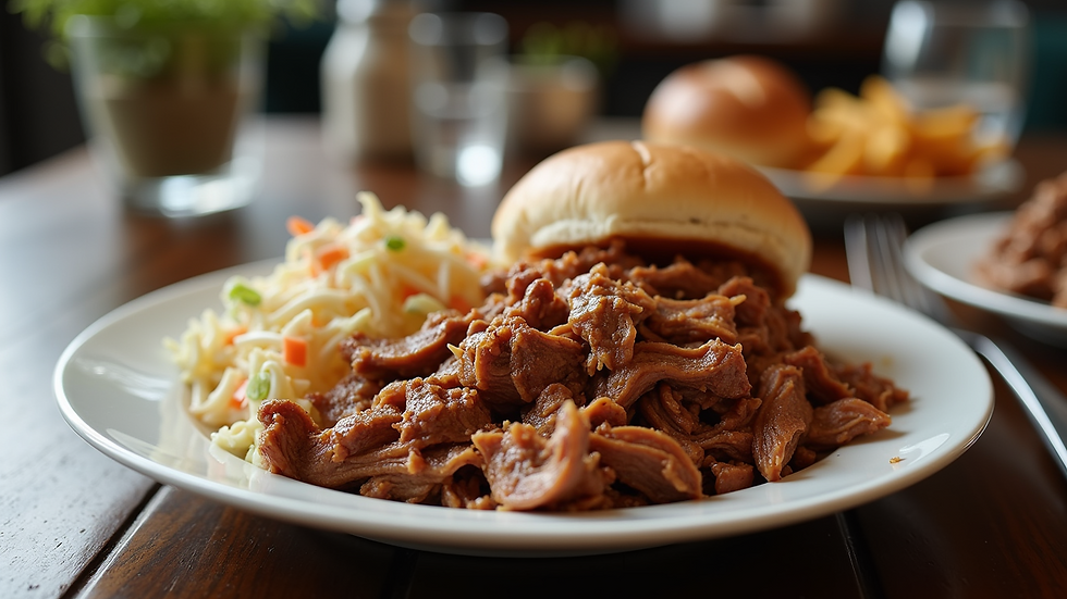 Eye-level view of a plate with pulled pork and coleslaw