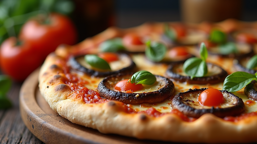Close-up view of a delicious Portobello mushroom pizza topped with fresh ingredients