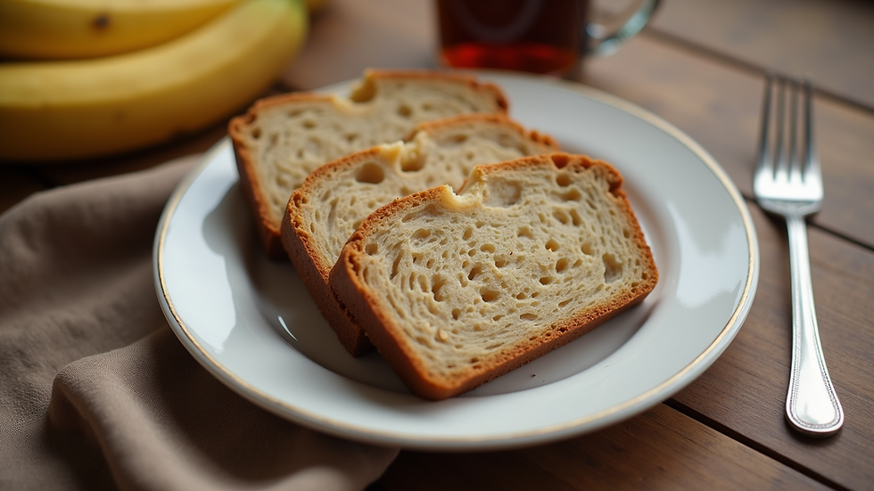Eye-level view of sliced high protein banana bread on a plate