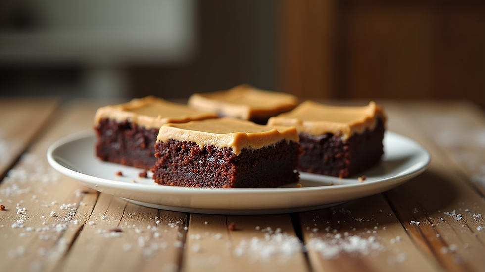 Eye-level view of a plate of protein brownies topped with peanut butter