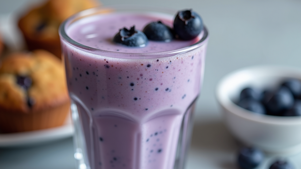 Close-up view of a blueberry muffin shake in a glass
