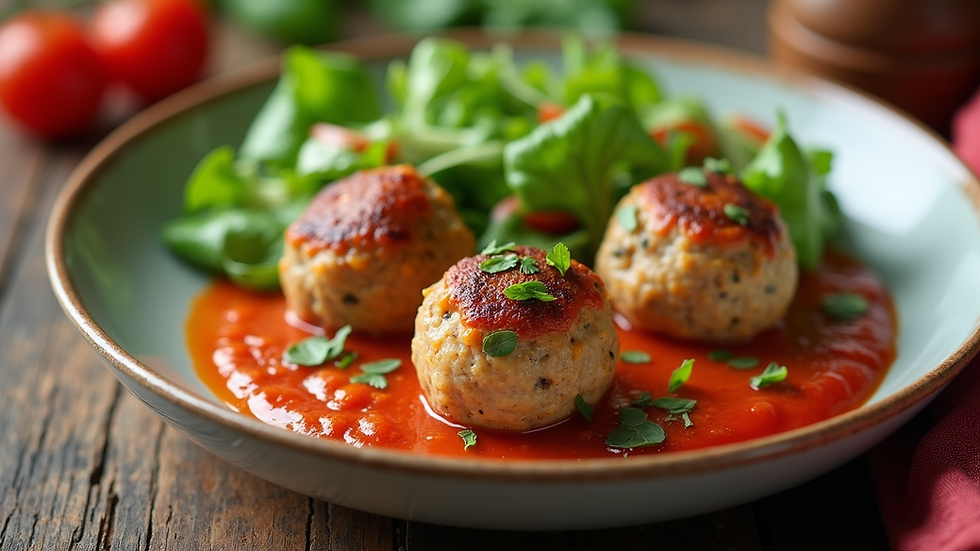 Close-up view of Mediterranean turkey meatballs served with a fresh salad