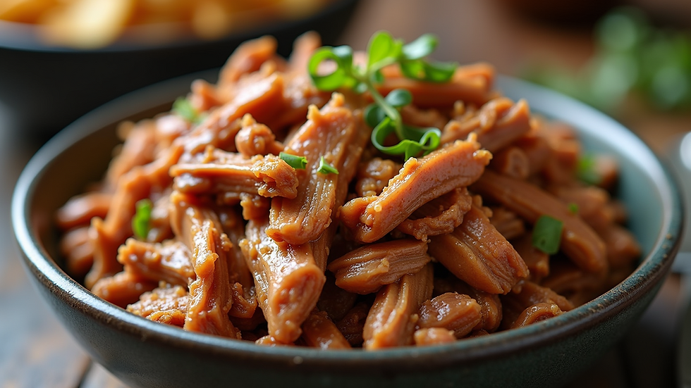 Close-up view of a bowl filled with pulled pork