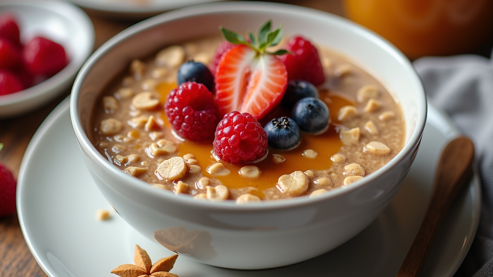 High angle view of a bowl of peanut butter and jelly overnight oats garnished with fresh fruits