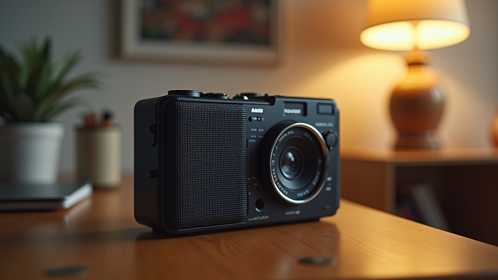 Eye-level view of a compact portable radio on a wooden table