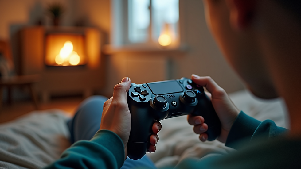Eye-level view of a person holding a gaming controller in a cozy room