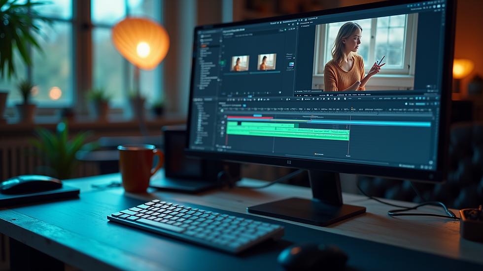 Eye-level view of a computer screen displaying video editing software