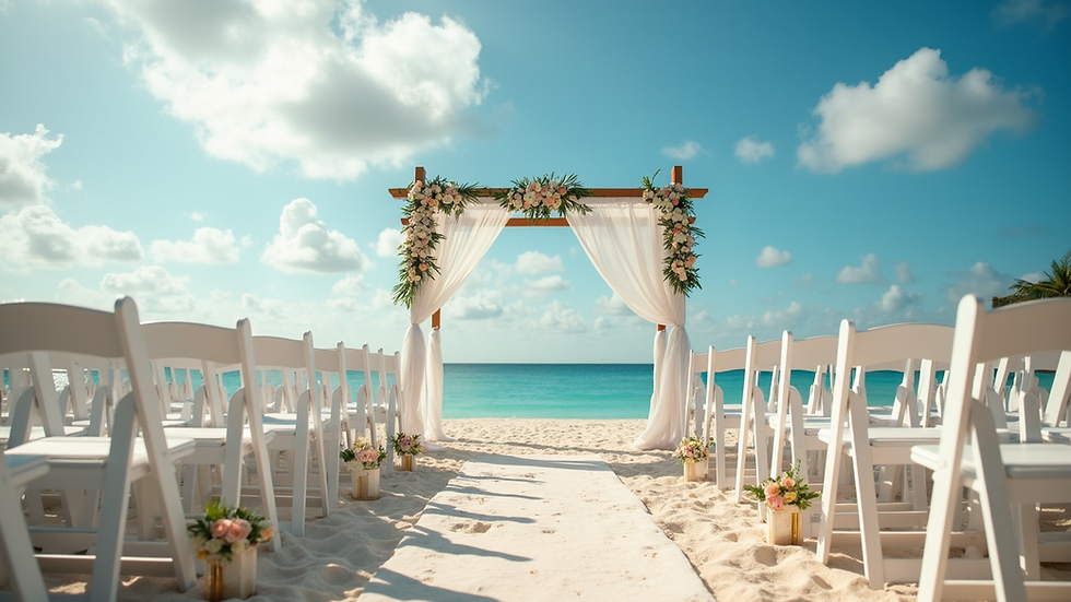 Eye-level view of a tropical beach wedding setup with white chairs and floral decorations