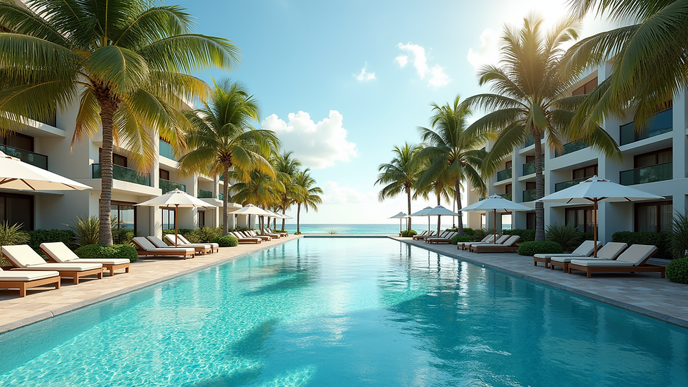 Eye-level view of a luxurious all-inclusive resort pool surrounded by palm trees