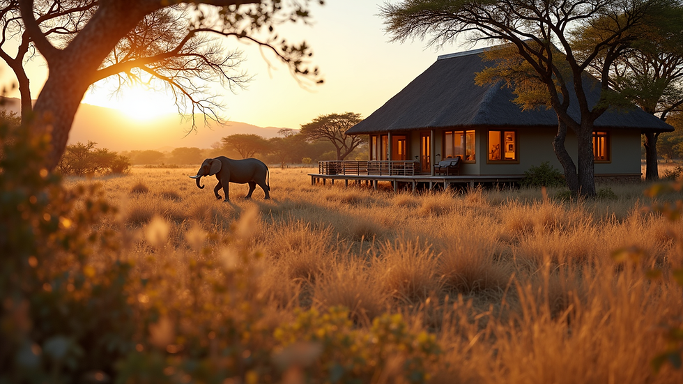 Eye-level view of luxury safari lodge in the African wilderness