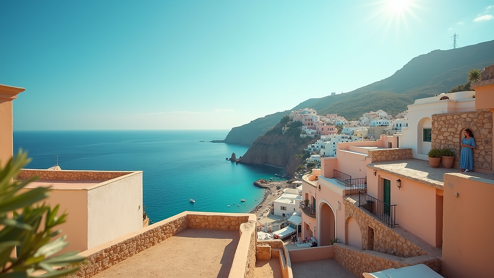 Eye-level view of a sunlit coastal village with pastel buildings and blue sea