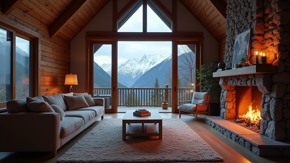 Eye-level view of a cozy cabin with a fireplace and mountain backdrop