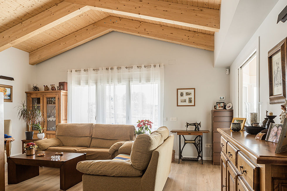 Salón en nueva vivienda en Puigpelat. Estructura de cubierta de madera. Espacios amplios con luz natural, orientación sud y vistas al paisaje. Projecte Arbre. Arquitectura y Bioconstrucción Viviendas saludables en harmonía con la Naturaleza.