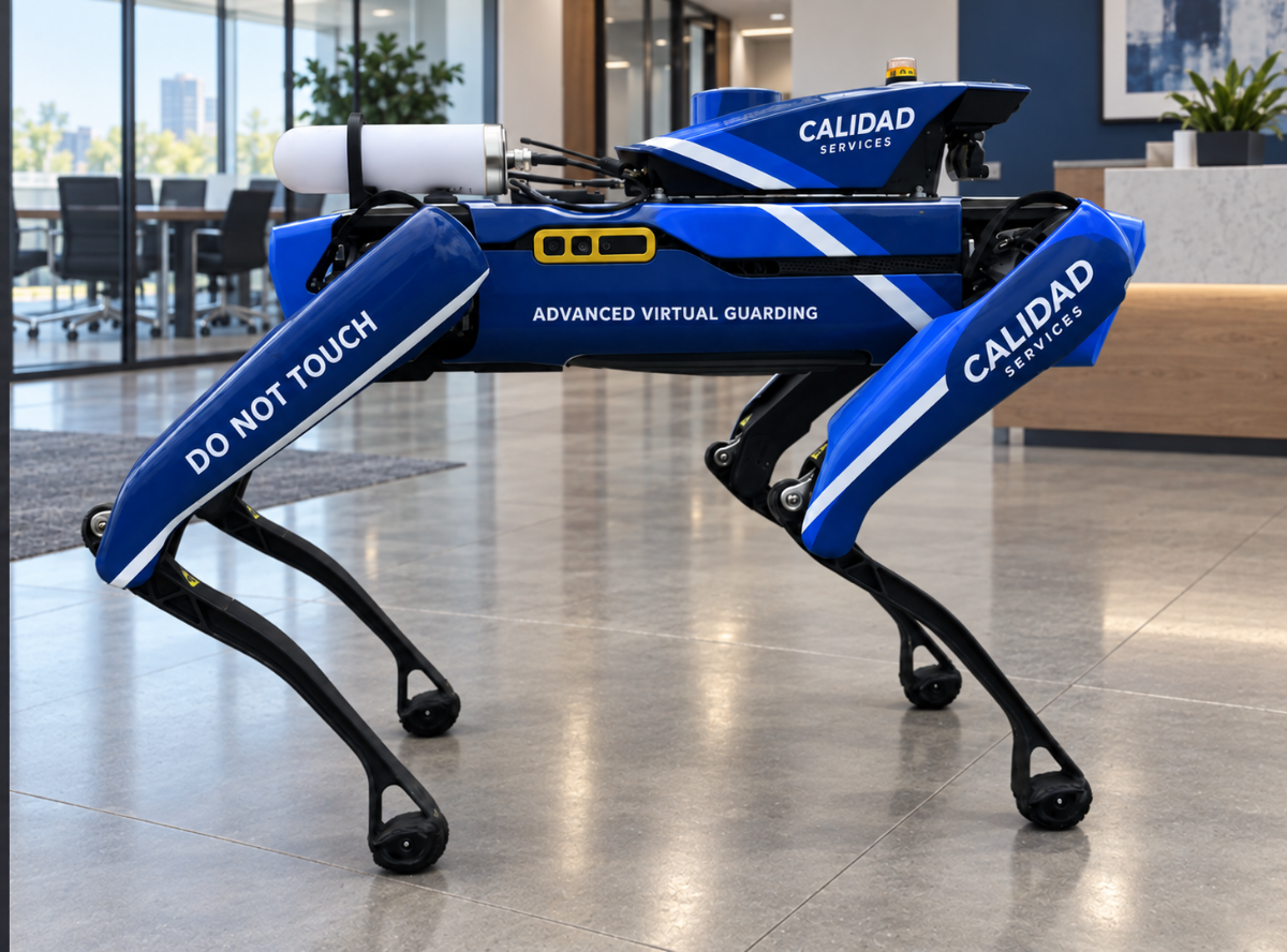 Calidad Services autonomous security robot patrolling an office lobby