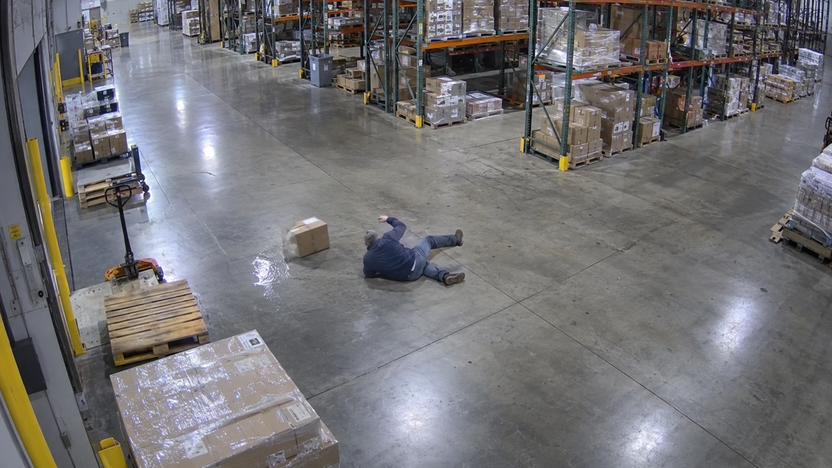 AI detection of a worker who slipped and fell on a warehouse floor