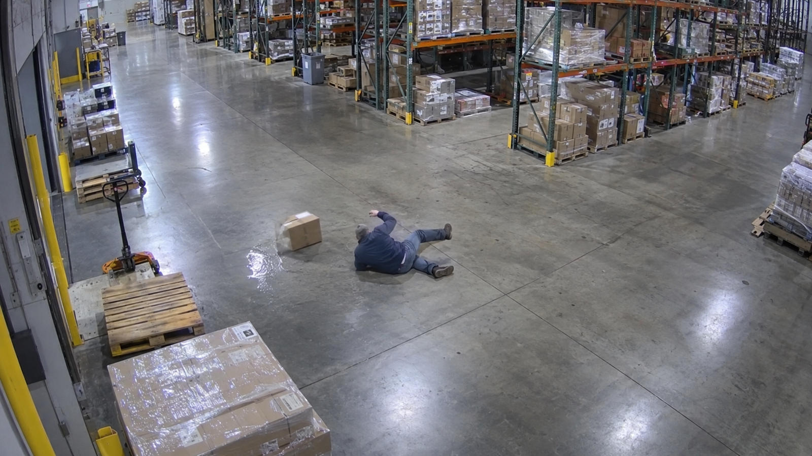 AI detection of a worker who slipped and fell on a warehouse floor