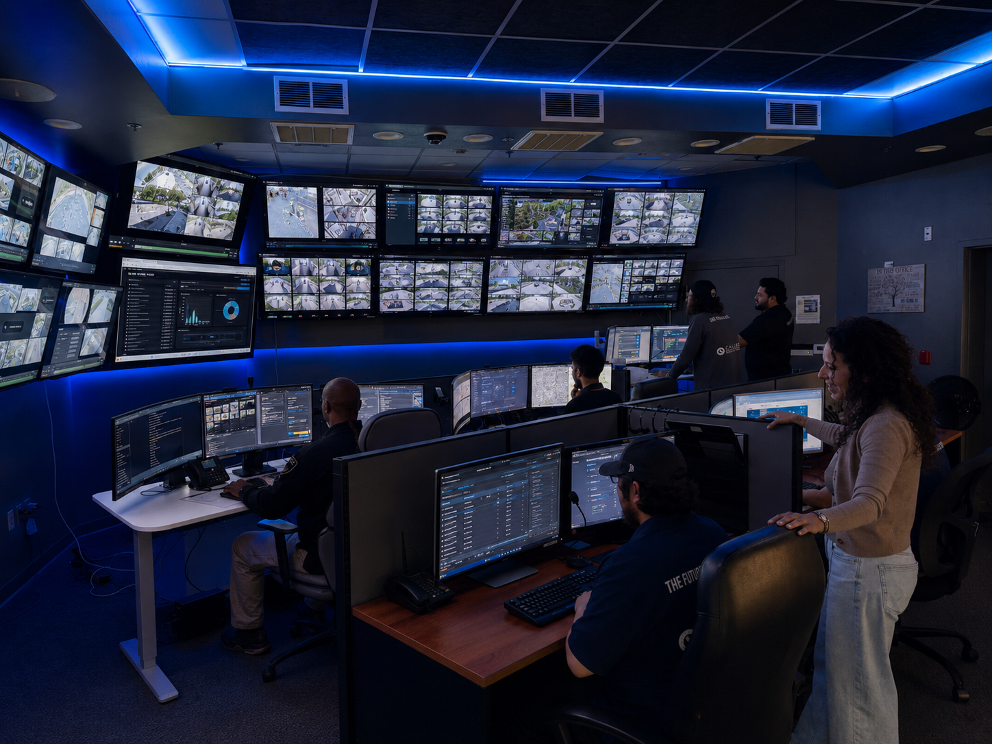 Calidad Services Security Operations Center — operators monitoring live camera feeds