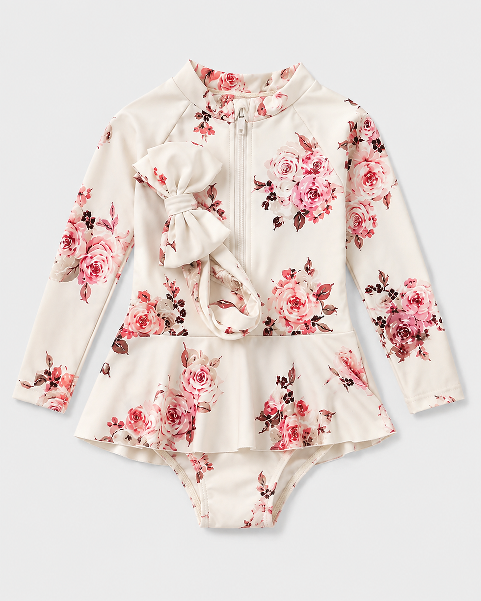 Thumbnail: Girls Long Sleeve Floral Ruffle Zipper One-Piece Swimsuit