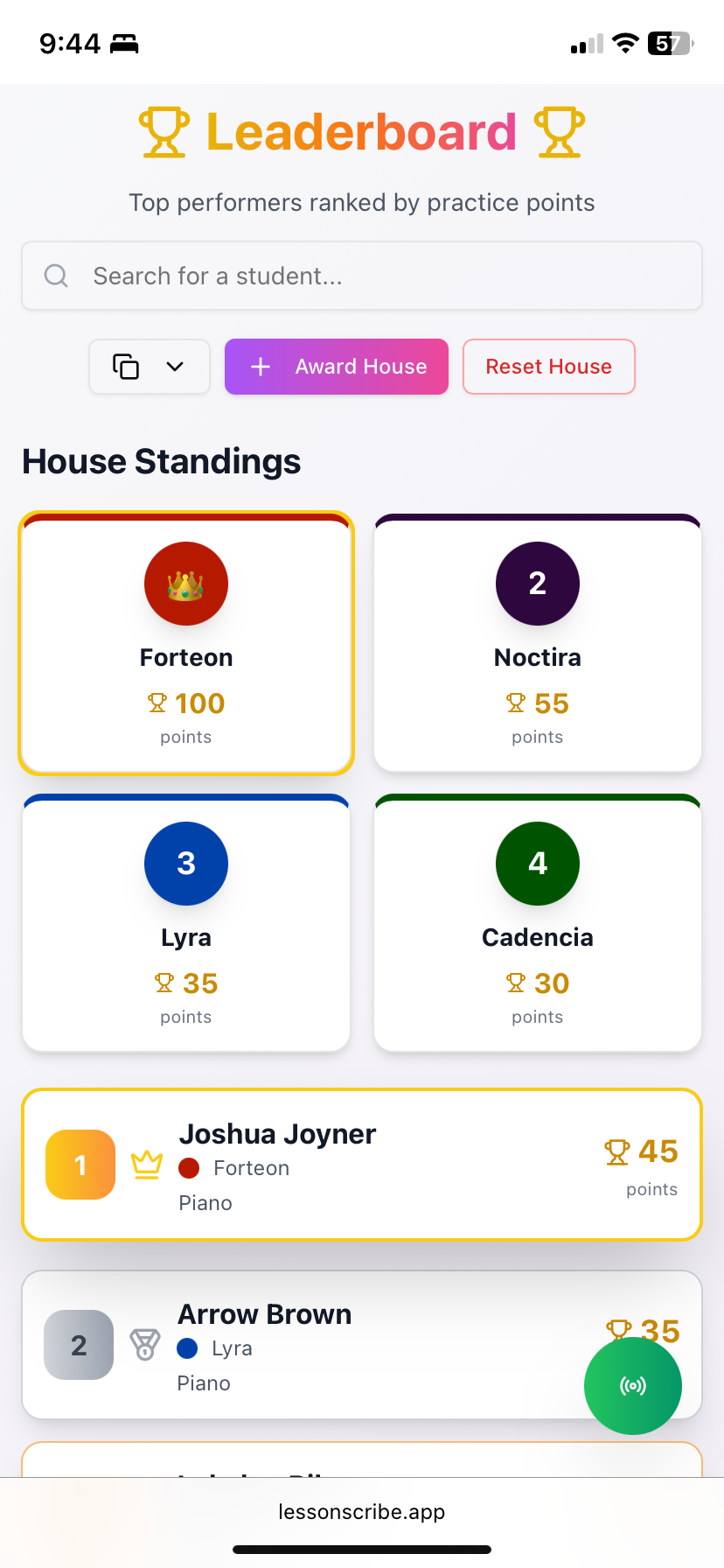 Leaderboard is shown full of students