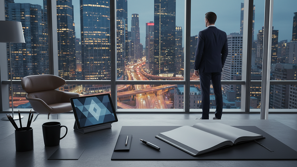 Eye-level view of a minimalist desk with a ledger and pen