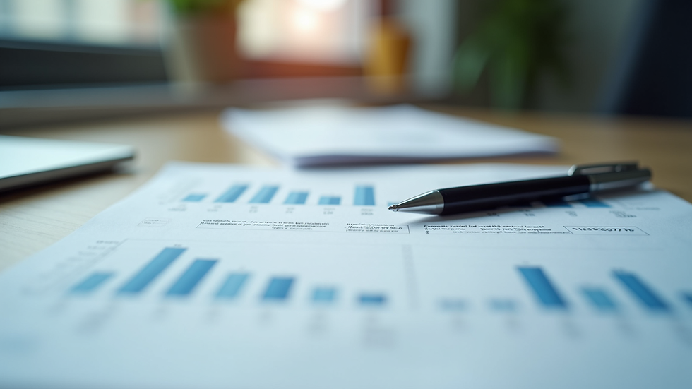 Close-up view of a sleek office desk with financial documents and a pen
