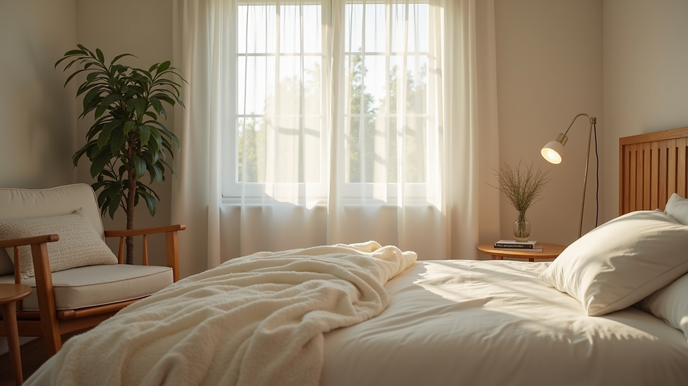 Eye-level view of a cozy bedroom with soft lighting and calming decor