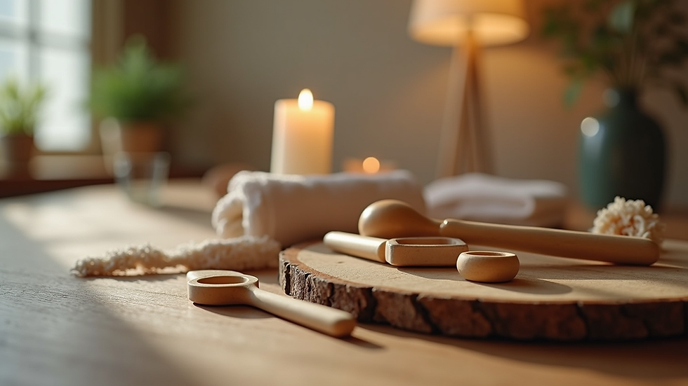 Close-up view of massage tools arranged neatly on a wooden table