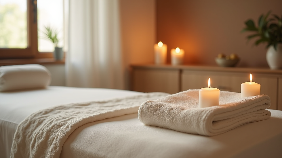 Close-up view of a massage table with soft linens and calming candles